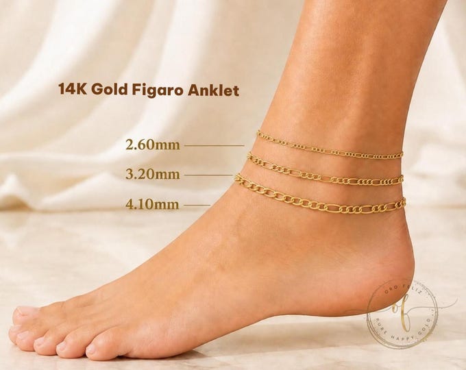 14K Yellow Gold Italian 2.60mm 3.20mm 4.10mm Figaro Chain Link Anklet Foot Ankle Bracelet Women 10 "
