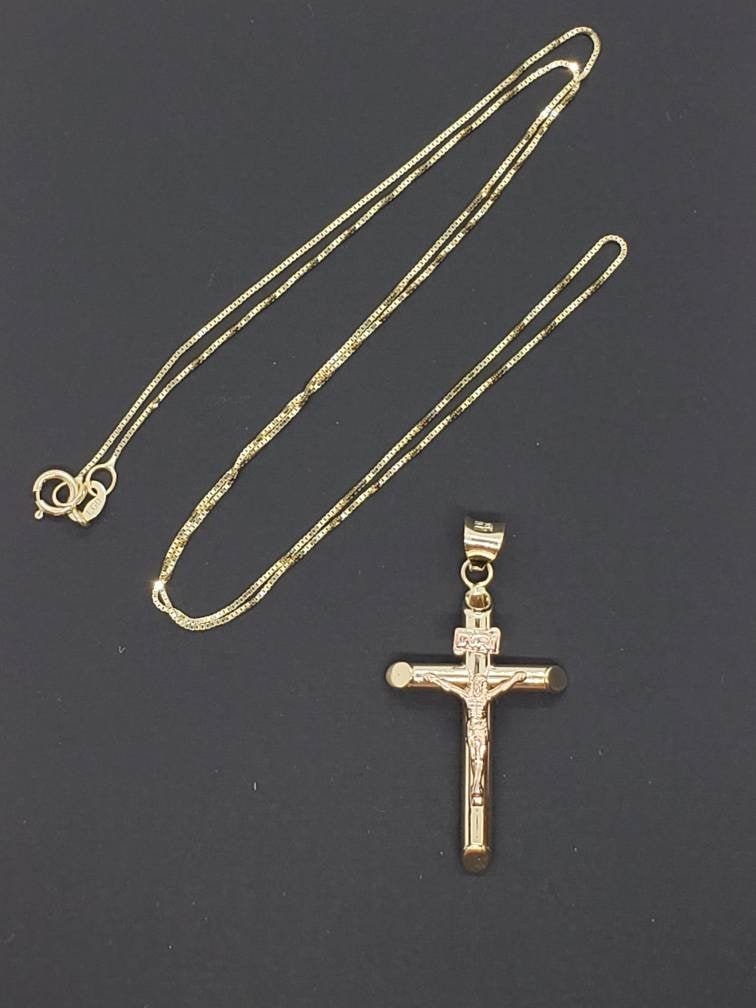 14k Gold Plated Solid 925 Silver Cross Jesus Piece Crucifix