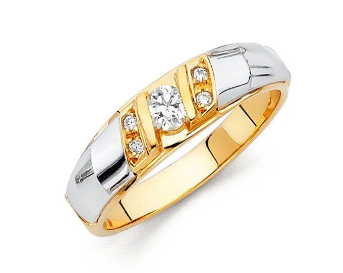 2 Tone 14K Solid Gold Mens Wedding Ring Solitaire Round Cut  Engagement Bands For women's men's
