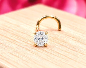 LAB GROWN Diamond 14K Solid 100 % Real Gold , Curve Bar Nose Stud, LAB Diamond Nose Stud, Twist Micro Nose, 22GA 20GA 18GA