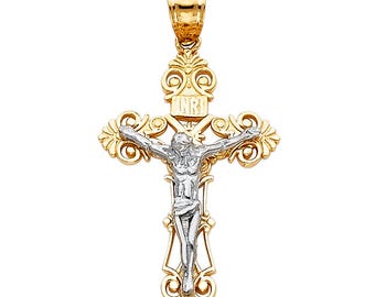 14K Yellow Gold Cross Pendant Crucifix 14K Gold 2 Tone DC 4 Sizes Available Pendant Jesus Christian Pendant.