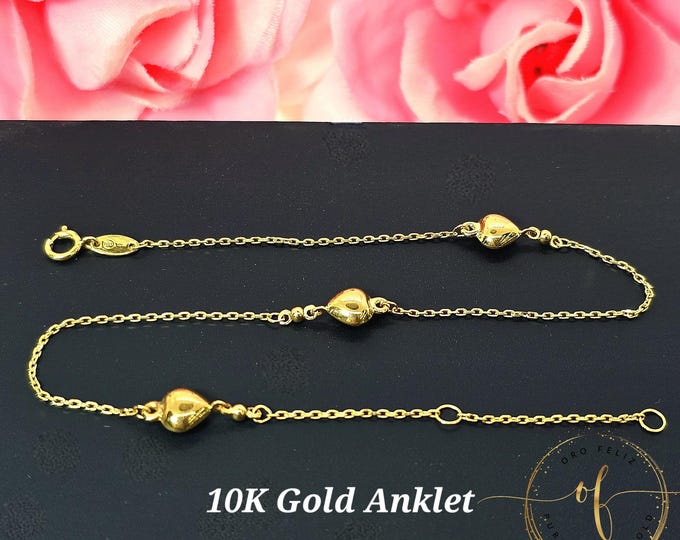 10K Real Yellow Gold •  Plain Hollow Heart Real Gold  High Quality  Ankle Bracelet Anklet •  9 +1 " Inches •