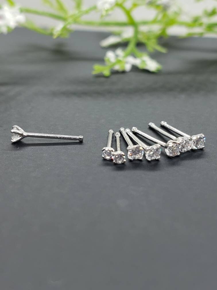 14K Solid White Gold , Ball Ends Nose Stud, Diamond Nose Stud, Nostril