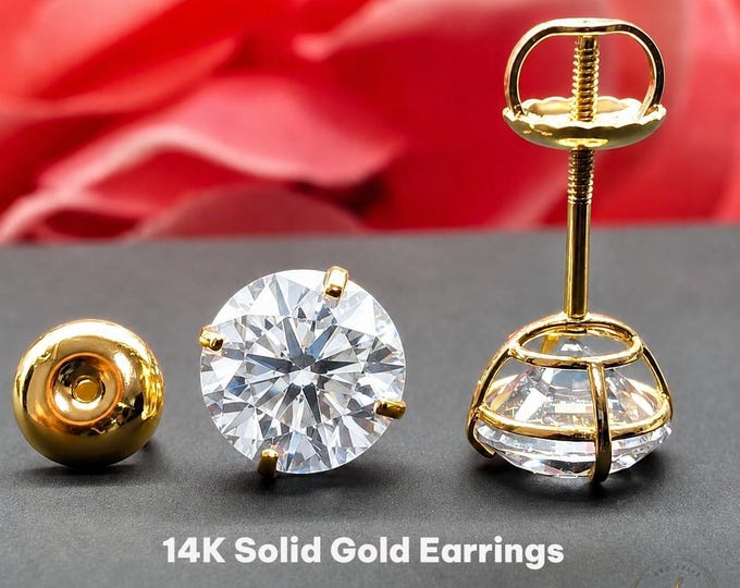 14K Solid Gold 4 Prong Basket 20 GA Screw Backing 1 pair Porst 10mm  Select your diamond.
