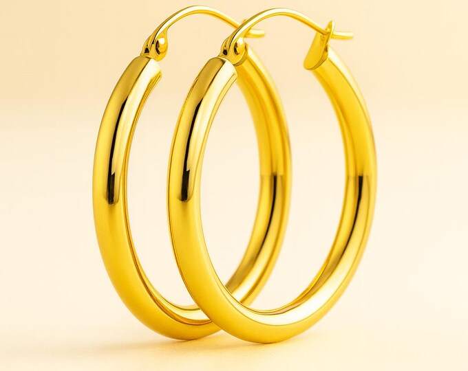 3MM Thick Hoop 14K Gold Plain Hoop Earrings From 15mm to 45 mm sold 1 pair.