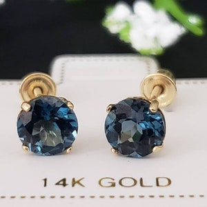 Natural Genuine London Blue Topaz 14K Solid Yellow Gold Earring Birthstone Colors Screw Backing Earring with 4 Prong Setting