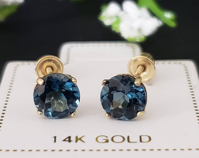 Natural Genuine London Blue Topaz 14K Solid Yellow Gold Earring Birthstone Colors Screw Backing Earring with 4 Prong Setting