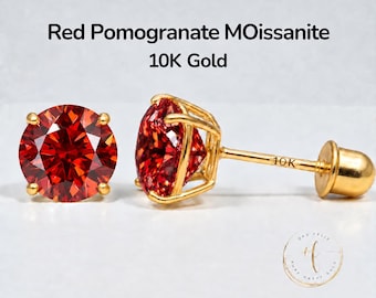 Red Pomegranate Moissanite 10K Gold Stud Earrings, Round Solitaire Cut, Screw Back 22 GA, Thin Post, comfortable to sleep.