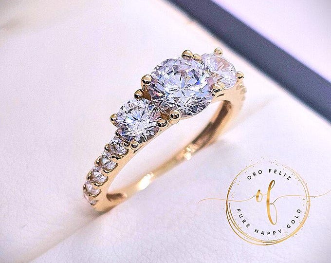 14K Real Solid Gold 2.50 Ct Created Diamond Solitaire Cut 3 Stone Engagement Wedding Promise Ring or optional of 3 center moissanite upgrade