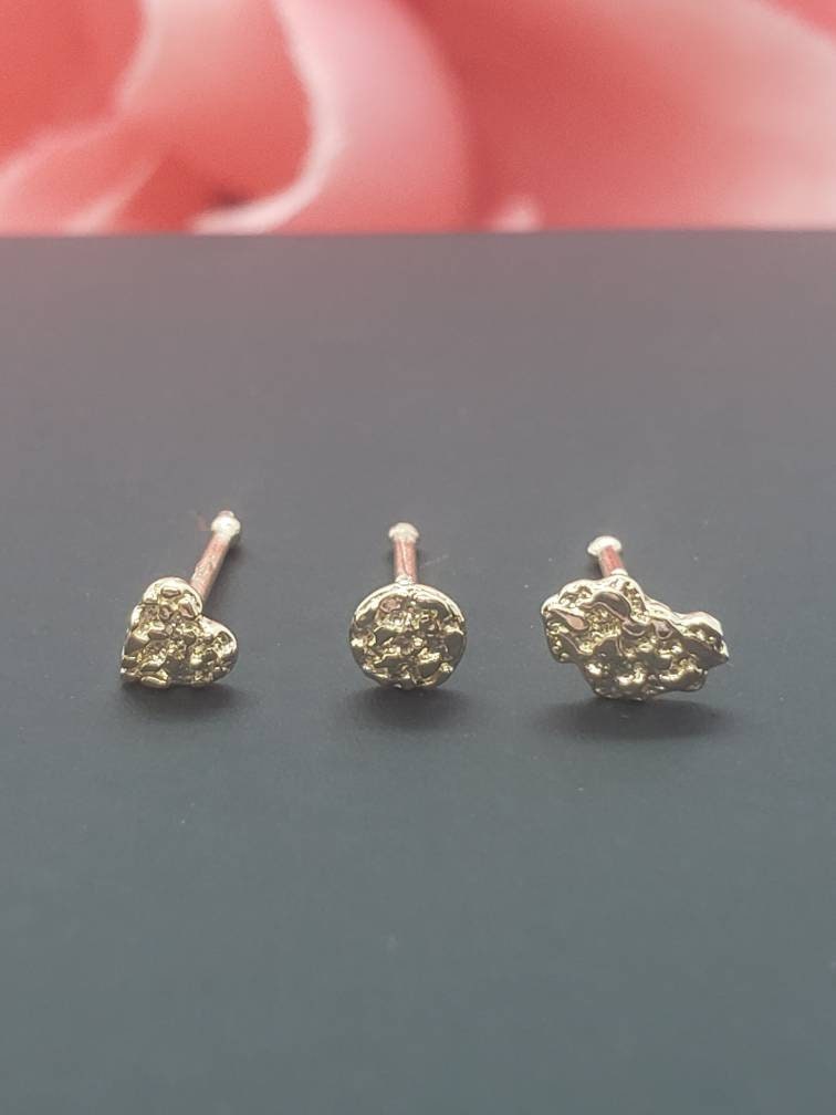 NUGGET 14K Solid Yellow Gold Nugget Bar Nose Stud 3 Etsy