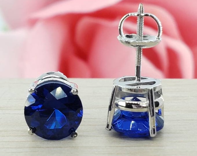 14K Solid Gold Blue Sapphire Stones Round Solitaire Cut Basket Heavier Prong Earring Push Backing Earring