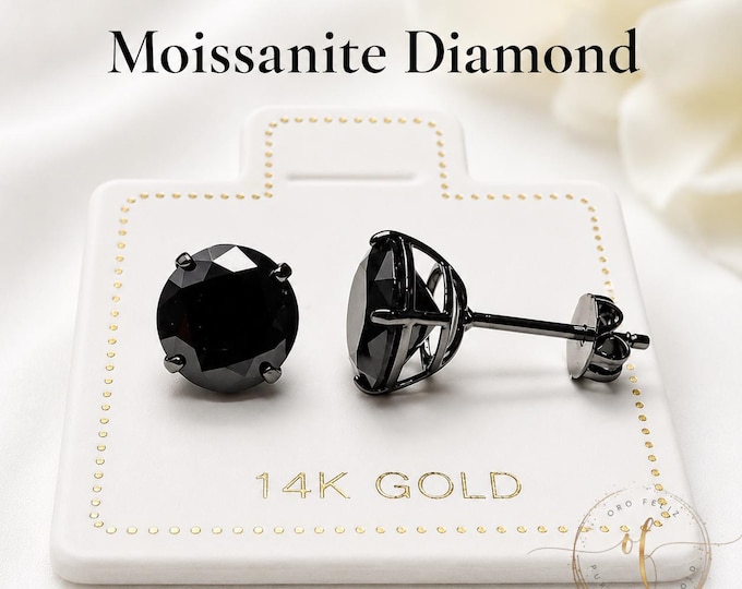 Black Moissanite 14K Real Black Gold Low Basket Thin Post Light Weight Gold Push Backing 22 GAUGE 1 pair earrings