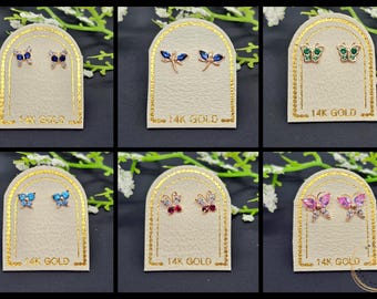 Korean Butterfly 14K Real Yellow Gold •  CZ Earring  • Baby Secure Screw Backs • Cute Small  Earrings •  Kids Girl Gift Birthday 1 Pair