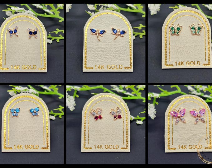 Korean Butterfly 14K Real Yellow Gold •  CZ Earring  • Baby Secure Screw Backs • Cute Small  Earrings •  Kids Girl Gift Birthday 1 Pair