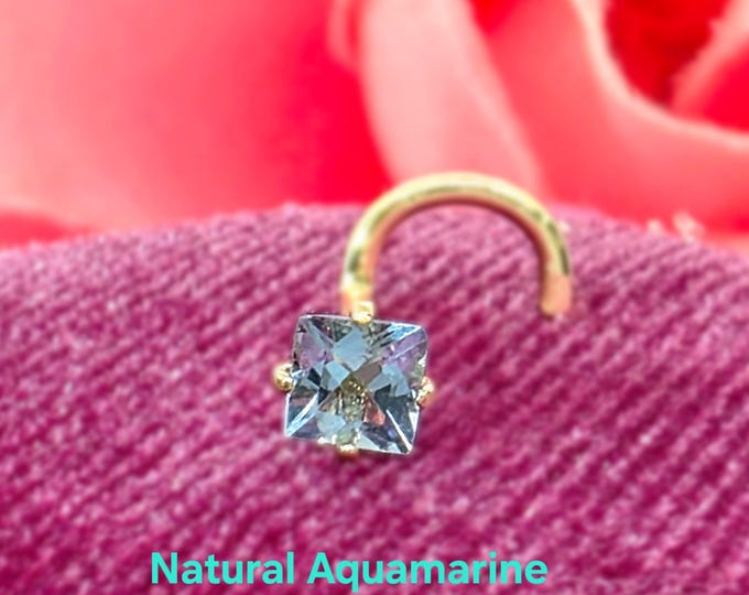 Princess Cut Genuine Real Aquamarine,  14K Solid Gold in Twisted Crooked Screw, L-Shaped , Ball End Bar 22 GA 20 GA 18 GA.