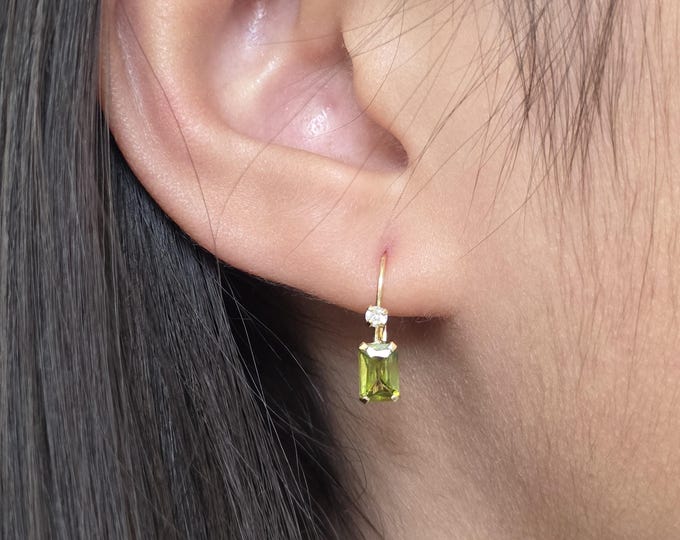Radiant 4x6mm 14K Yellow Gold Earrings Hoops • Lever back Earring with Open Ring, Cubic Zirconia with different colors.