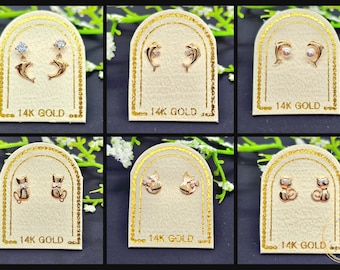 Korean  Dolphin OR Kitty Cat14K Real Yellow Gold • Baby Secure Screw Backs • Cute Small  Earrings •  Kids Girl Gift Birthday Earrings.