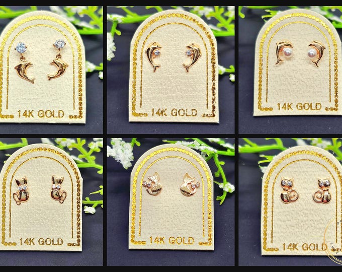 Korean  Dolphin OR Kitty Cat14K Real Yellow Gold • Baby Secure Screw Backs • Cute Small  Earrings •  Kids Girl Gift Birthday Earrings.