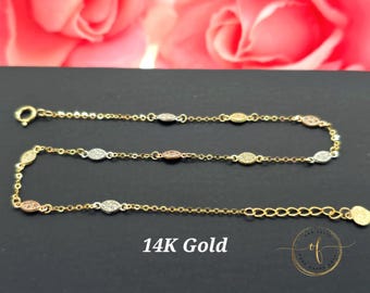 14K 3 Tone Yellow Gold • cubic Zircon Dainty Charm • Bracelet or Anklets • 7" Inches - 9 " Inches •