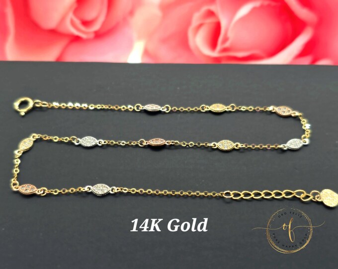 14K 3 Tone Yellow Gold • cubic Zircon Dainty Charm • Bracelet or Anklets • 7" Inches - 9 " Inches •