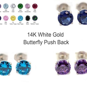May include: A pair of 14K white gold butterfly push back earrings with a blue sapphire stone and a purple amethyst stone.