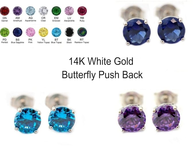 14K Solid White Gold Birthstone Color Earring 3 mm- 8 mm Push Backs High Quality Made Kids / Girls Earrings