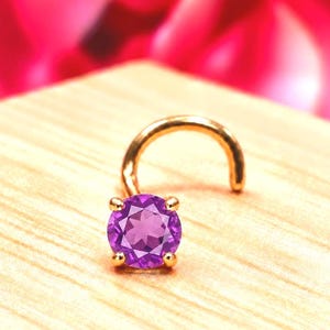 Genuine Real Amethyst Nose Stud ,  14K Solid Gold in Twisted Crooked Screw, L-Shaped , Ball End Bar 22GA 20 GA 18GA