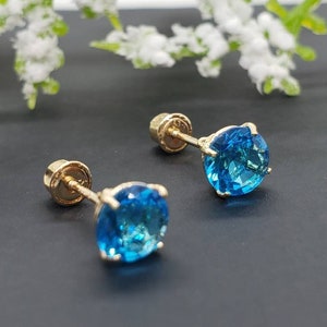 14K Solid Yellow Gold Blue Topaz Earring December Birthstone Colors Screw Backing Earring with 4 Prong Setting image 4