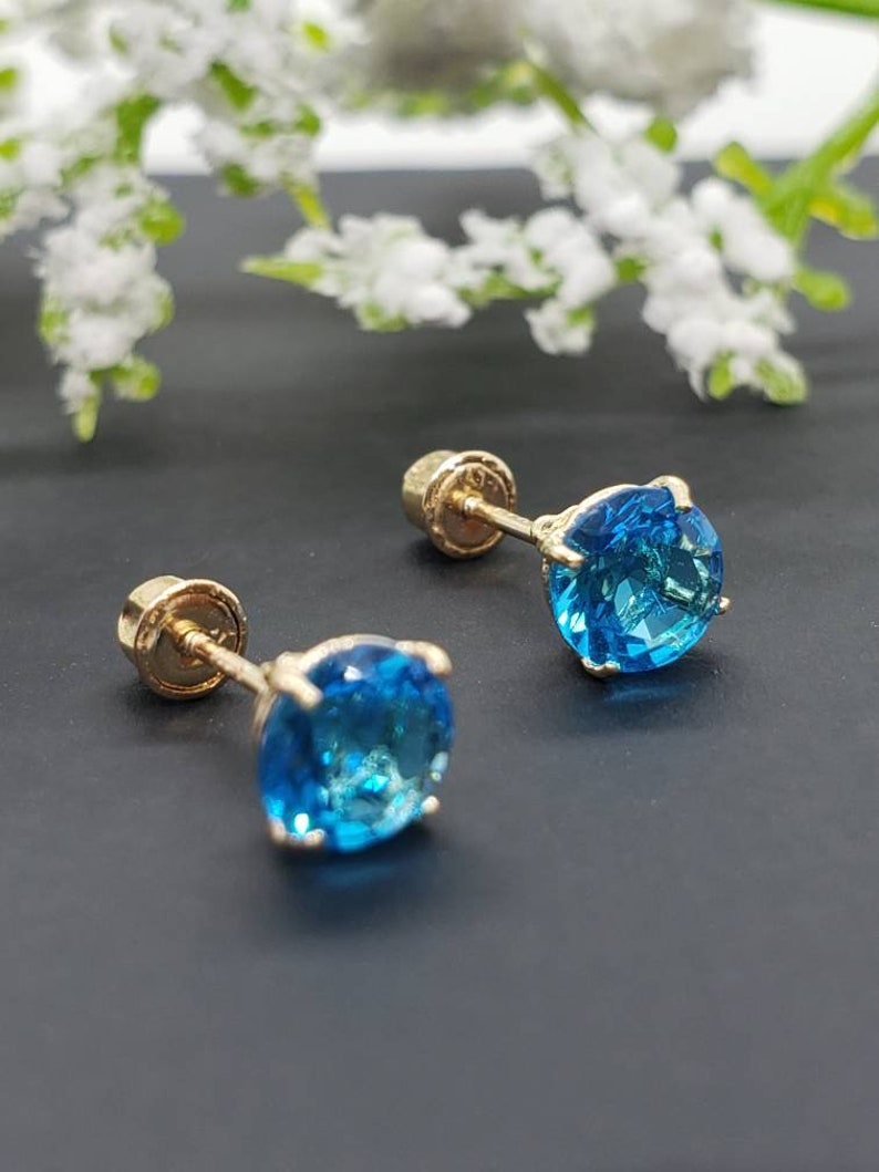 14K Solid Yellow Gold Blue Topaz Earring December Birthstone Colors Screw Backing Earring with 4 Prong Setting image 4