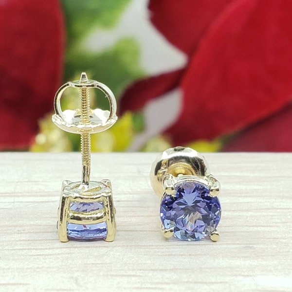 Genuine Real Natural Tanzanite • 4.00 5.00 6.00 7.00 8.00 mm • Screw Back •  Solid 14K GOLD •  Women's December Birthstone  Earrings •