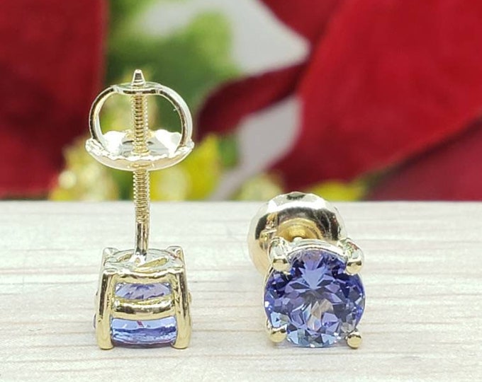 Genuine Real Natural Tanzanite • 4.00 5.00 6.00 7.00 8.00 mm • Screw Back •  Solid 14K GOLD •  Women's December Birthstone  Earrings •