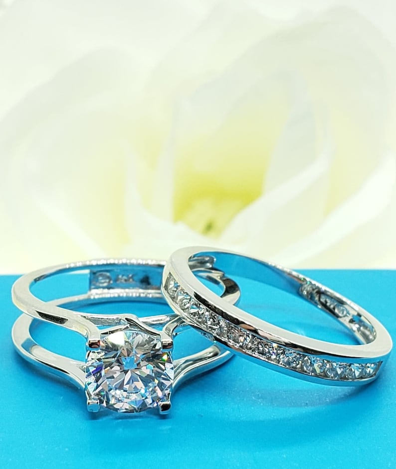 2.75 Ct 14K Real Gold Trellis Round Engagement Promise 2 Ring Matching Band