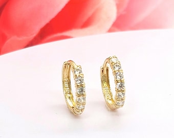 14K Solid Gold • Round CZ Huggie Earrings Hoop Earrings • CZ Pave Ear Cuff, Pave Hoops, Pierced Ear Cuff Ear Wrap
