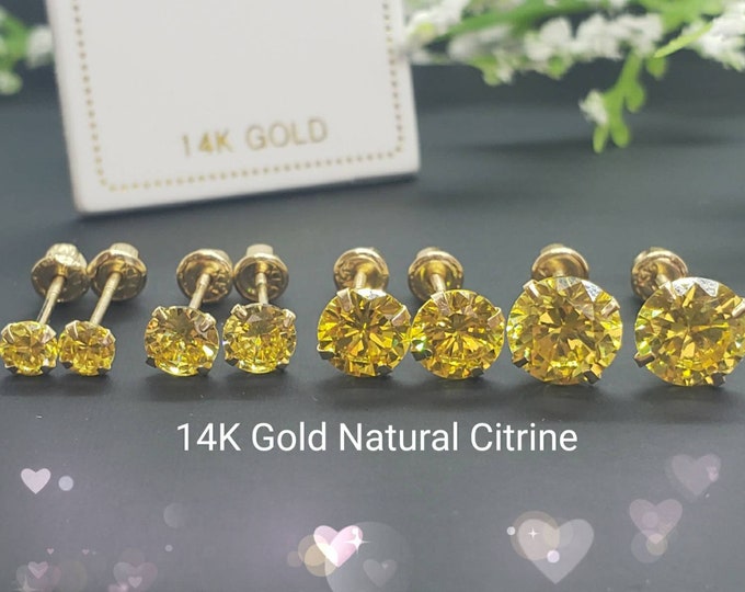 Genuine Real Natural Citrine• 3.00 - 6.00 mm • Screw Back •  14K GOLD •  Light Setting Prong • Citrine Birthstone  Earrings •