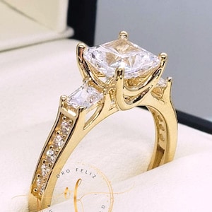 14K Real Solid Gold 2.50 Ct Created Diamond Princess Cut 3 Stone Engagement Wedding Promise Ring or optional of 3 center moissanite upgrade
