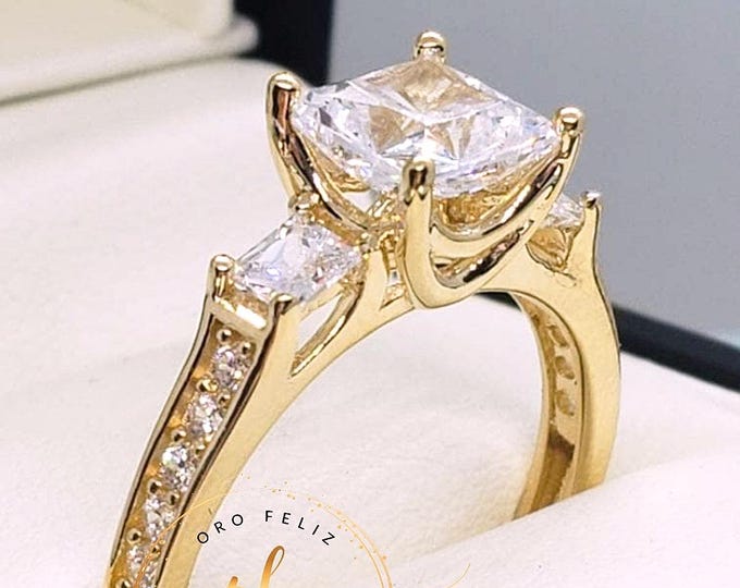 14K Real Solid Gold 2.50 Ct Created Diamond Princess Cut 3 Stone Engagement Wedding Promise Ring or optional of 3 center moissanite upgrade