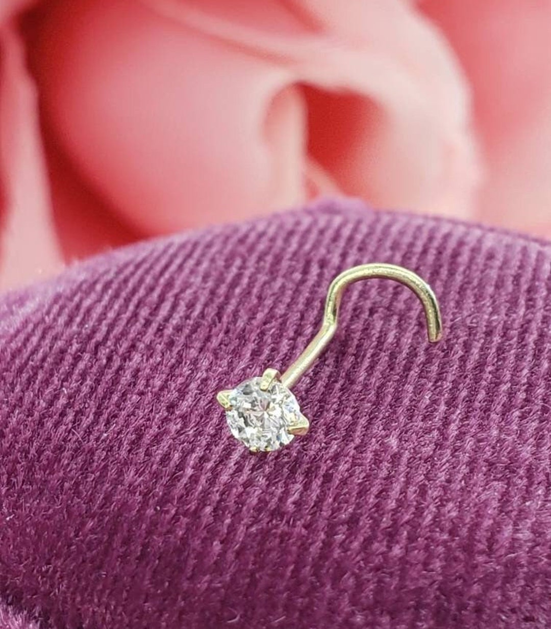 Genuine LAB DIAMOND 14K Solid 100 Real Gold , Curve Bar Nose Stud