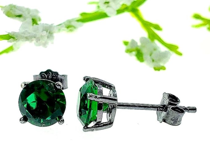 Solid 925 Sterling Silver Green Emerald CZ's or Lab Emerald Gemstone Solitaire Stud Post Earrings Round Mens Womens Earrings