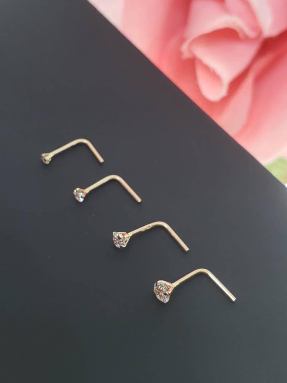 14K Solid Rose Gold LShape Bar Nose Stud Diamond Nose Etsy