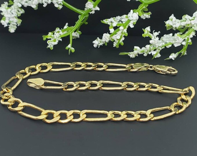 14K Real Yellow Gold 7.00  mm Figaro Chain Length   8" 8.5" 9"  Inches Bracelet For Women's Men's