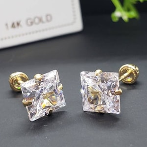 Super Bright 14K Yellow Gold • Square Princess Cut • Casting Prong •  3mm - 7 mm • With Screw Backing