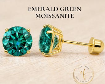 Emerald Green Moissanite 10K Gold Stud Earrings, Round Solitaire Cut, Screw Back 22 GA, Thin Post, comfortable to sleep