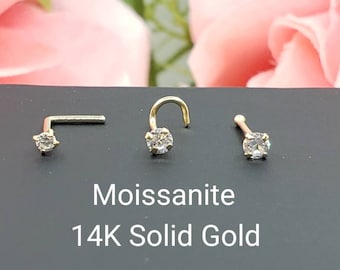 Moissanite 14K Solid Yellow Gold , Curve Bar Nose Stud, Moissanite Nose Stud, Twist Micro Nose, Screw Nose Stud, Ball end Or L-Shaped