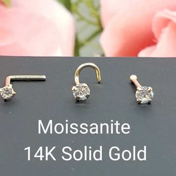 Moissanite 14K Solid Yellow Gold , Curve Bar Nose Stud, Moissanite Nose Stud, Twist Micro Nose, Screw Nose Stud, Ball end Or L-Shaped