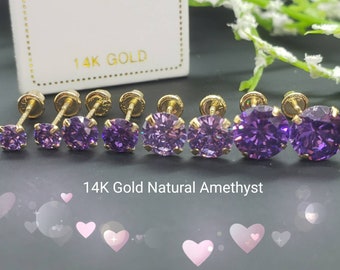 Genuine Real Natural Amethyst • 3.00 - 6.00 mm • Screw Back •  14K GOLD •  Light Setting Prong • February Birthstone  Earrings •