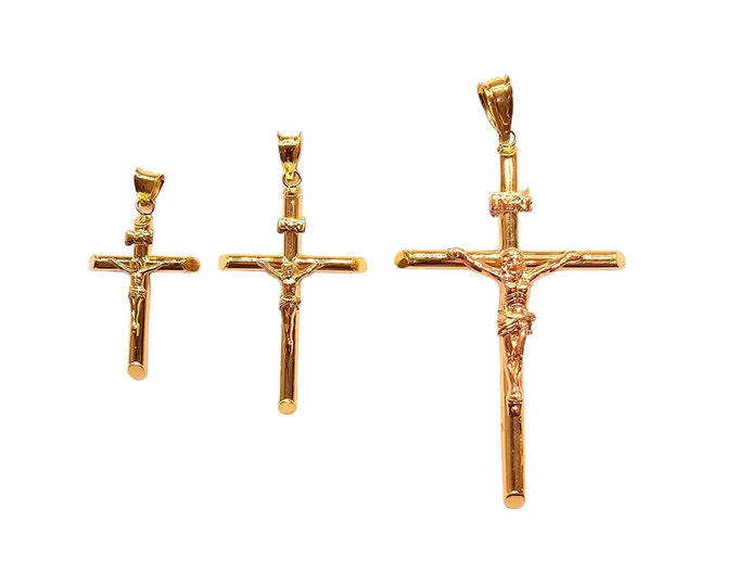 14K Solid Yellow Gold  Religious Crucifix Cross Pendant INRI Jesus Christ Charm Pendant