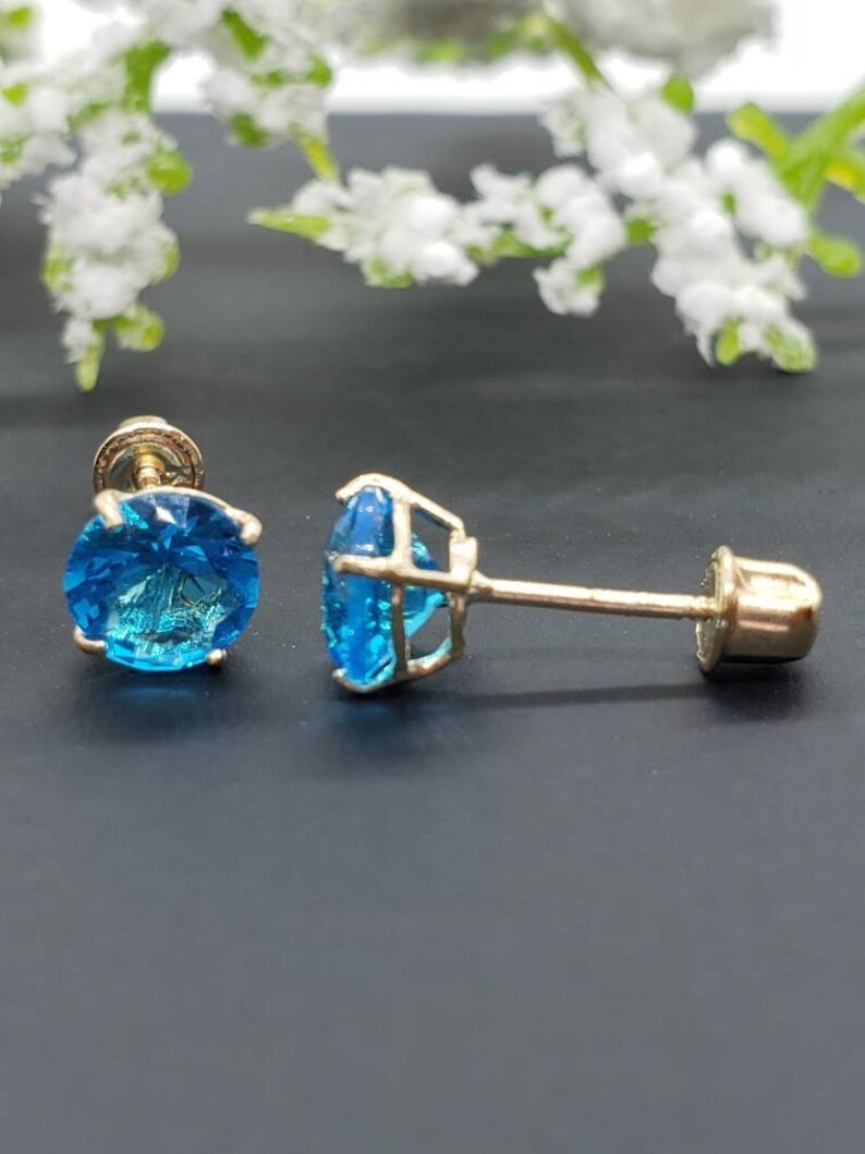 14K Solid Yellow Gold Blue Topaz Earring December Birthstone Colors Screw Backing Earring with 4 Prong Setting image 1