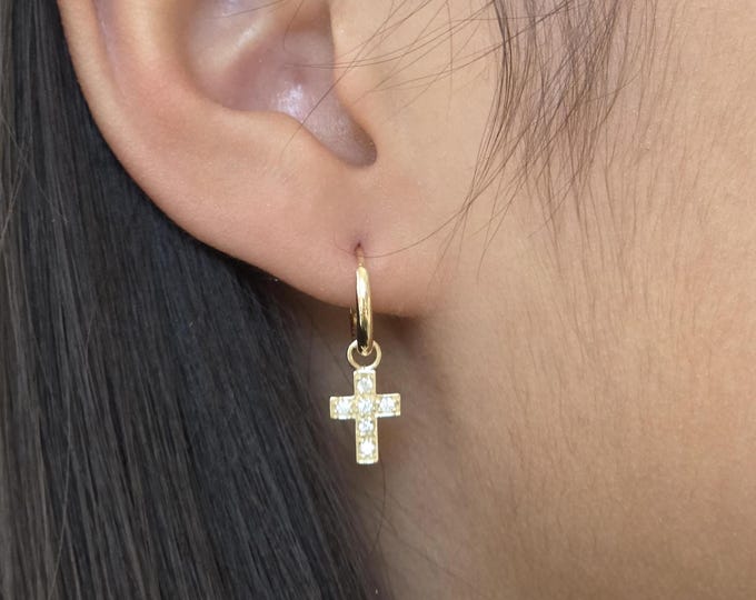 14K Solid Gold • Cross Earrings Hoops • 1.50mm x 12mm Huggies  •  High Quality CZ Stones •  Women's Earrings •