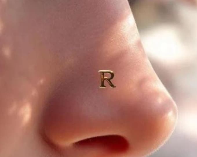 Initial 14K Solid Gold , 20 GA Nose Stud, Letter A to Z Design Custom Made to order , Initial A- Z.