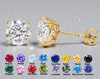 Cubic Zircon 10K Gold Stud Earrings, Round Solitaire Cut, Screw Back 22 GA, Thin Post, comfortable to sleep, Brilliant Cut VVS1 DEF.
